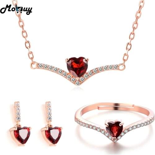 MoBuy 100% 925 Sterling Silver Jewelry Set Love Heart Gemstone Garnet Rose Gold Plated Fine Jewelry For Women Wedding V004ERN