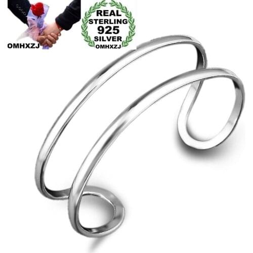 OMHXZJ Wholesale Personality Fashion Unisex Party Gift Silver Hollow Two Lines 925 Sterling Silver Cuff Bangle Bracelet BR137