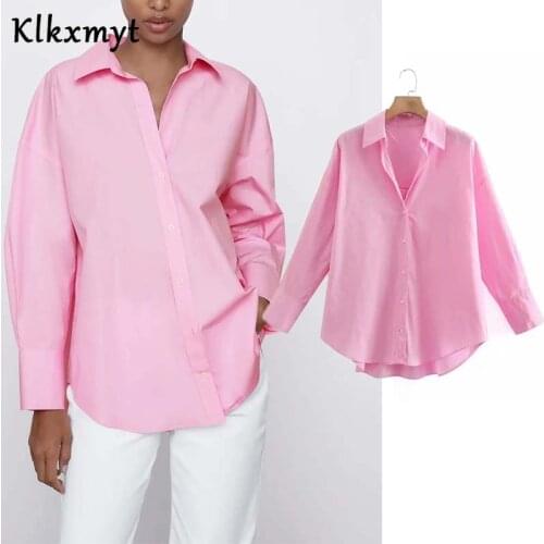 TRAF Za Shirt Women 2021 Fashion Loose Asymmetry Blouses Vintage Long Sleeve Button-up Casual Female Shirts Blusas Chic Tops