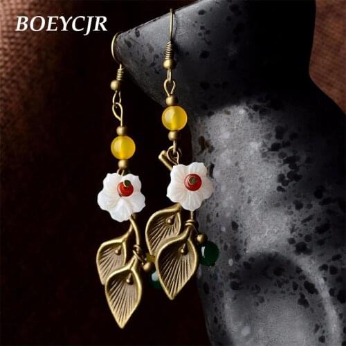 BOEYCJR Copper Leaf Stone Bead Drop Earrings Handmade Fashion Jewelry Hook Earrings Shell Flower Earrings for Women Gift