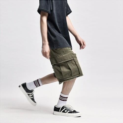 TDFR Safari Style Multi-Pocket Cargo Shorts Mens Streetwear Elastic Waist Baggy Raw Hem Half Pants Summer Knee-length Pant Men