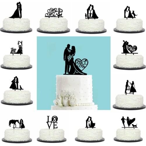 Wedding Cake Topper Black Bride Groom Mr Mrs Baby Cat Dogs Cake Toppers Wedding Engagement Party Cake Decoration Party Favors