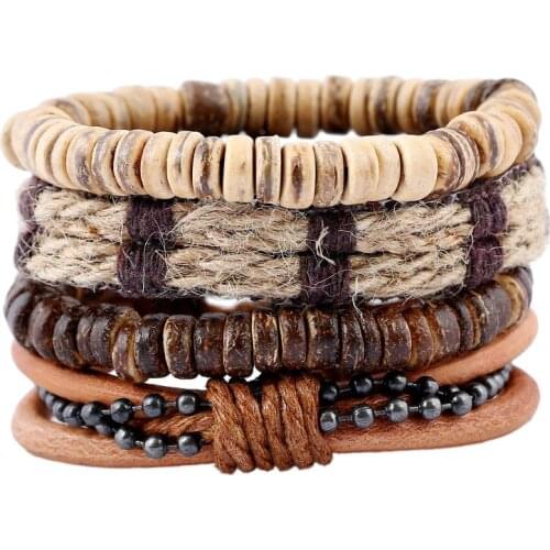 High quality Multi-layer Wrap Bracelets Hemp Cord Leather Bangles 4pcs/set Vintage Unisex Wristband Adjustable Casual Bracelet