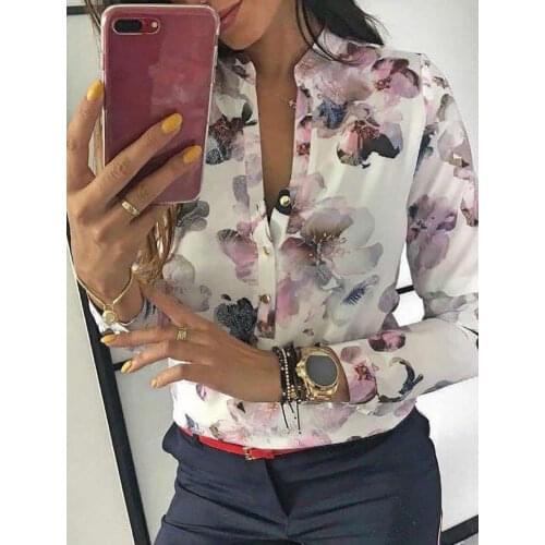 2019 Summer Floral Blouse Women Casual Loose V Neck Ladies Shirts Tops Blouse Long Sleeve Tops Female Blouses Clothing