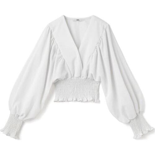 PERHAPS U Women Black White V-neck Lantern Sleeve Long Sleeve Loose Solid Pleated Ruffle Shirt Spring Summer B0731