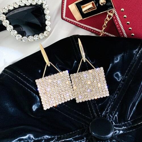 Exknl Geometric Drop Earrings for Women Shiny Gold Color Square Rhinestone Dangle Earrings Statement Long Earrings Party Jewelry