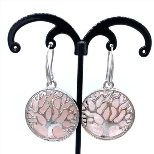 Tree of Life Silver Plated Round Rose Pink Quartz Drop Earrings for Women Tiger Eye Stone Jewelry