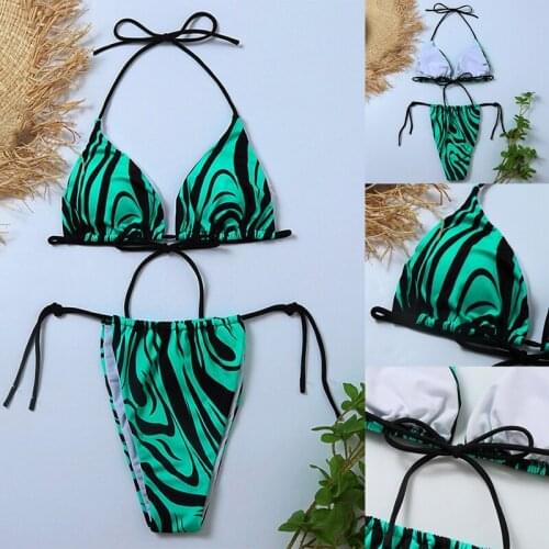 Womens Tie Side Bathing Suit Zebra Striped Halter Bikini Swimsuit