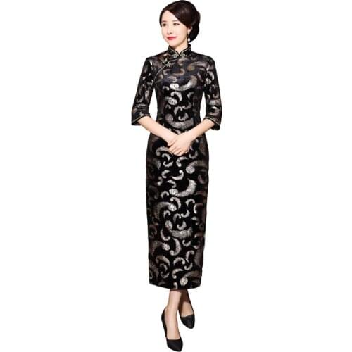 Shanghai Story Cheap Velvet Cheongsam Chinese Dress Embroidery Qipao Long For Women