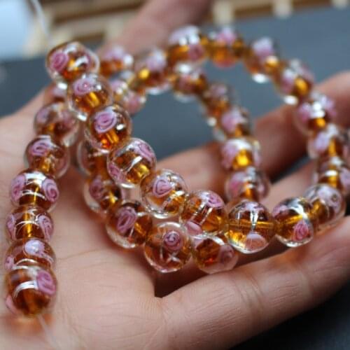 20Pieces/Lot 10mm Lampwork Glass Beads Flower With White Foil Brown Color for jewelry making
