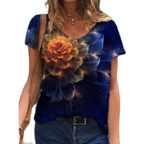 2021 New Summer T Shirts Women 3D Flower Printed T Shirts Casual Short Sleeve V-Neck Loose Abstract Painting Tops Oversized Tees
