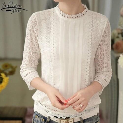 2021 Spring New Women Chiffon Blouses Korean Style Three Quarter Sleeve Lace Shirt Sweet Stand Collar Clothes Plus Size 61J