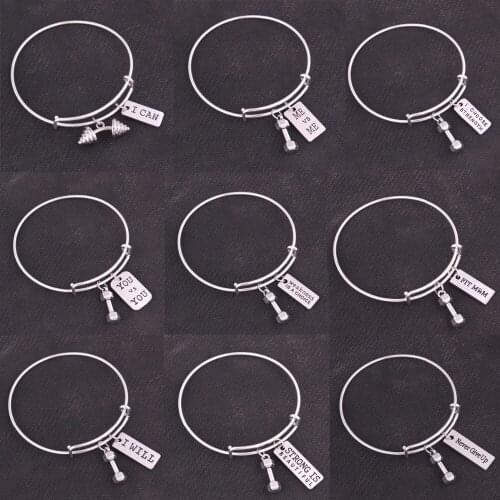 5PCS Fitness Kettle bell dumbbell barbell FIT MOM STRONG IS BEAUTIFUL Never Give Up Gym Bodybuilding charm adjustable Bangles