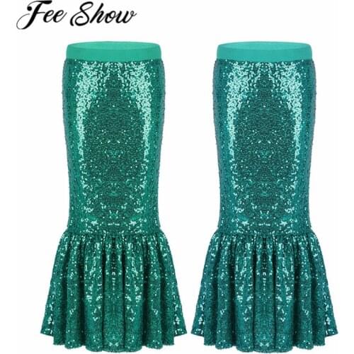 FEESHOW Kids Shiny Sequins Mermaid Tale Tail Skirt Girls Halloween Costume Cosplay Party Birthday Flower Girl Long Maxi Skirt