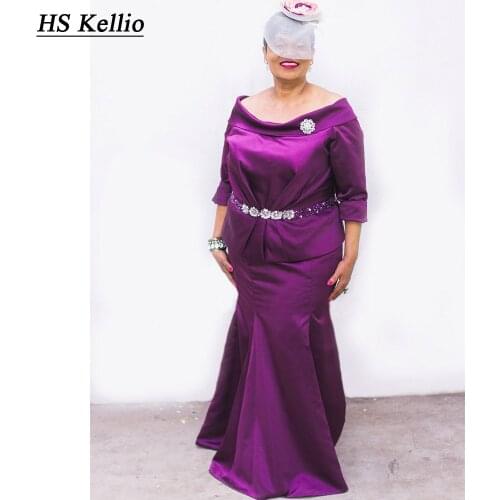 Purple Mother Of The Bride Dress With Beaded Belt Satin Mermaid Quarter Sleeves Mother Party Dresses