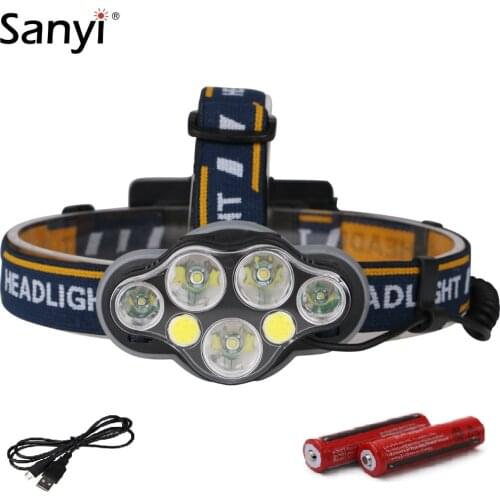USB Rechargeable Headlight Headlamp 3*T6+2*XPE+2*COB LED Head Lamp 8 Modes Fishing Flashlight Head Torch 18650 Hunting Lantern