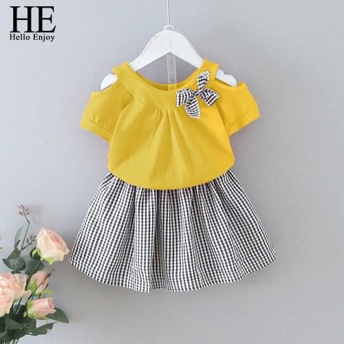 HE Hello Enjoy Toddler Girl Clothes Suit Sets 2020 Summer New Strapless T-shirt top + Plaid Skirt Kids Children Clothing Outfits