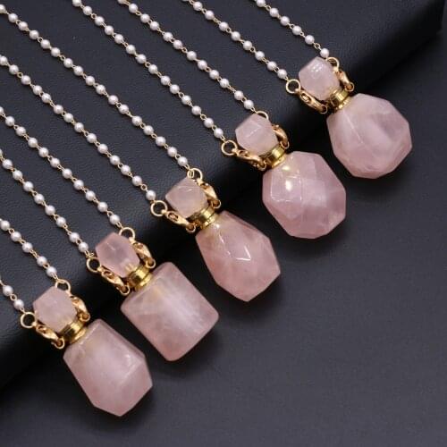 Natural Gem Stone Perfume Bottle Pendant Pearl Chain Necklace Rose Pink Quartz Essential Oil Vial Necklaces for Women Jewelry