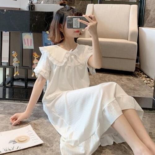 Summer Womens Doll Collar Nightgown Sexy Lace Patchwork Sleepwear Solid Loose Thin Gown Sweet Princess Casual Vintage Loungewear