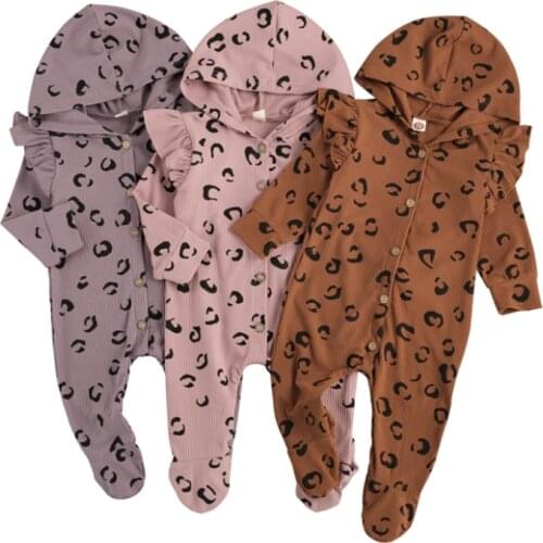 Infants Baby Girls Boys Leopard Ribbed Footies Fall Jumpsuit Knitting Hooded Long Sleeve Buttons Rompers Trousers