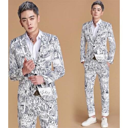 New blazers mens print suit single Japanese anime-style night show call wheat hair stylist British trend chaquetas boda