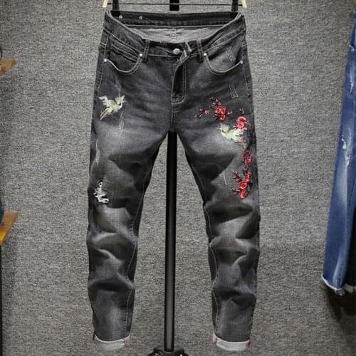 Original Design New European American Style Hole Paste Cloth Stretch Jeans Embroidered Rose Slim Fashion Pants