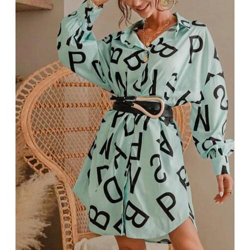 Autumn Women Irregular Hem Midi Dress Ladies Letter Print Long Sleeve Lapel Neck High Waist Dress