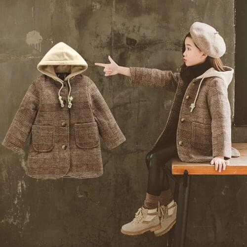 Girls Coat Big Childrens Plaid Hooded Warm Padded Shirt Female Baby Long Princess Coat