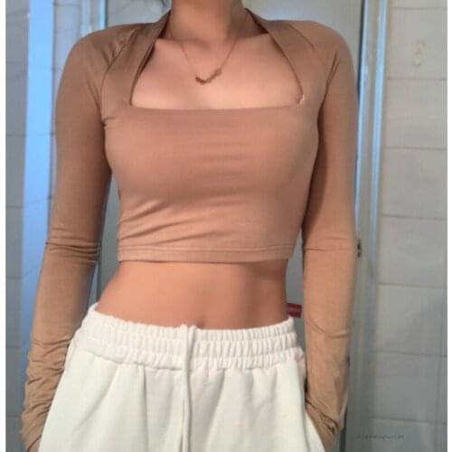 Retro low square collar long-sleeved bottoming shirt French clavicle short wild high waist slimming top A630