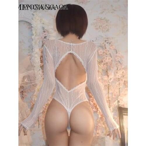 Sexy V Neck Long Sleeve Jumpsuit Female Hollow Backless Thin Transparent Nightclub Party Mesh Lace Hot Sexy Bodysuit Korean KGCN