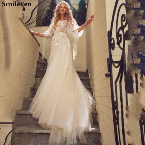 Smileven Puff Sleeve Wedding Dress 2020 Boho 3D Appliques Blaceless Vestido De Noiva Tulle Lace Bridal Dresses Custom Made