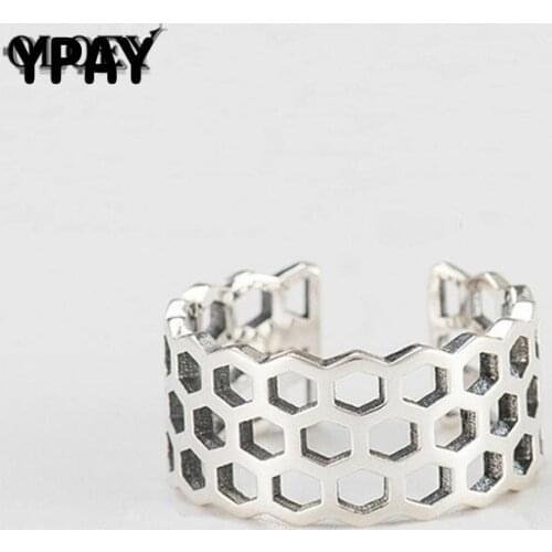 YPAY Vintage Hollow Geometric Wide Toe Ring for Men Women Genuine 925 Sterling Silver Open Cuff Finger Rings Jewelry YMR424