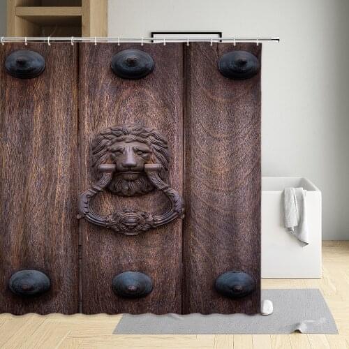 Retro Wooden Door Shower Curtains Nostalgia Art Style Decor Background Waterproof Bath Curtain Background Wall Decor With Hooks