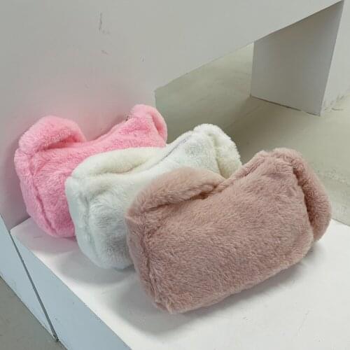 Women Plush Shoulder Underarm Bag Soft Autumn Winter Fashion Fluffy Female Shopping Tote Solid Color Casual Zipper Fuzzy Handbag
