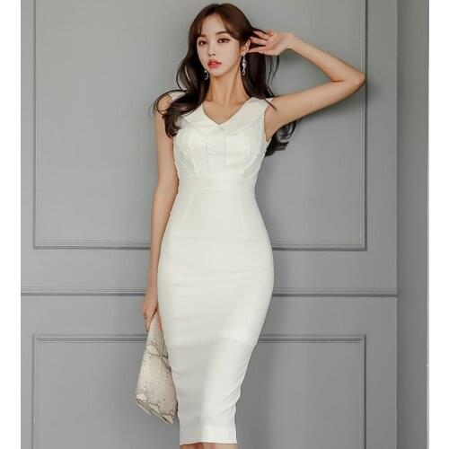Drop Shipping Summer Bodycon Pencil Dresses White Sleeveless V Neck Women Dress Office Lady Bandage Sexy Party Dress Vestidos