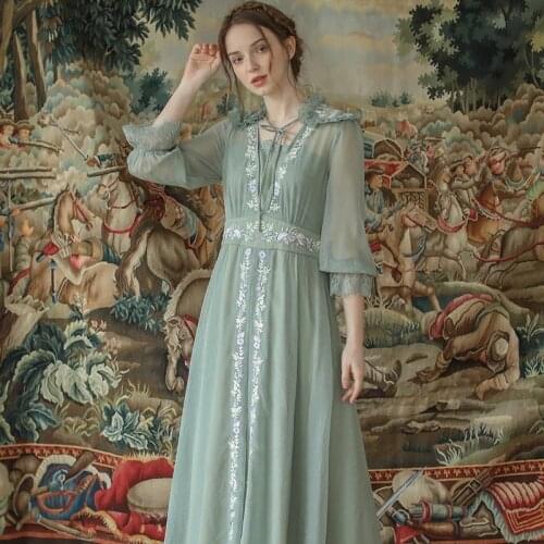 LYNETTES CHINOISERIE Spring Autum New Original Design Women Vintage Mori Girls Floral Embroidery Light Green Slim Dresses