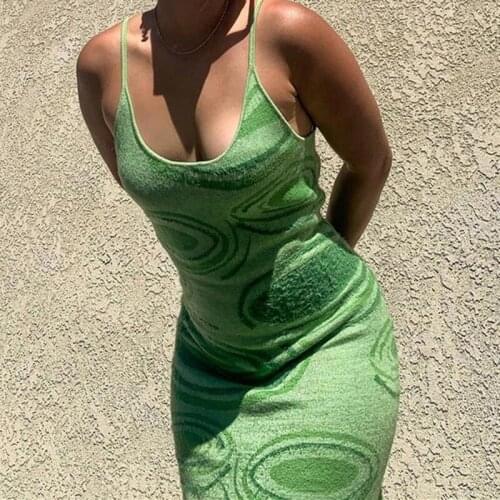 Unaiza 2021 Print Knit Bodycon Dress Women Green Y2K Summer Hollow Out Sexy Sleeveless Spaghetti Strap Beach Midi Dresses Party