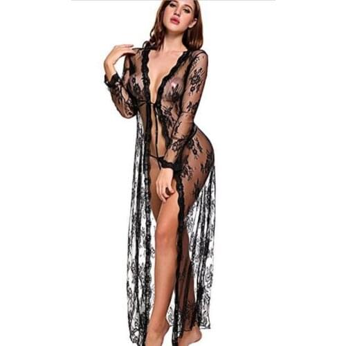2021 Midnight Glamour Sexy Lingerie Lace Bathrobe Perspective Long Lace Dress Sexy Large Size Pajamas Lingerie Erotic