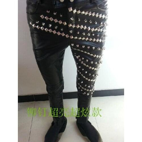 28-37 2020 New Korean Version Male Hairstylist Men Singer Presided Stage Costumes Rivets Slim Black Leather Pants Trousers