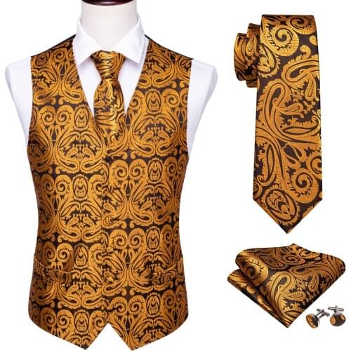 4PC Mens Silk Vest Party Wedding Gold Paisley Solid Floral Waistcoat Vest Pocket Square Tie Slim Suit Set Barry.Wang BM-2012