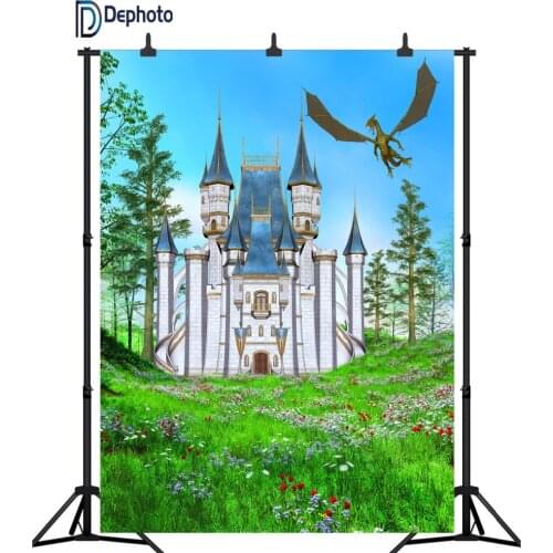 DePhoto Fairy tale castle Garden Dragon Newborn birthday party Photography Backdrops Vinyl Baby Photo Background Studio Backdrop