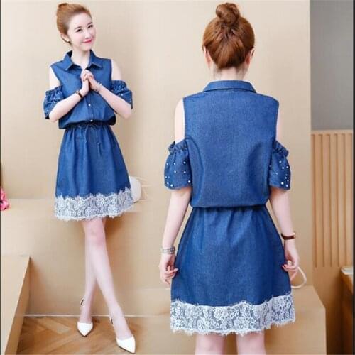 Denim Dress Big Size Jeans Dress Large Size Summer Tunic Loose 2019 Women Lace Dress Jean Female Clothes Blue S-5xl HC078