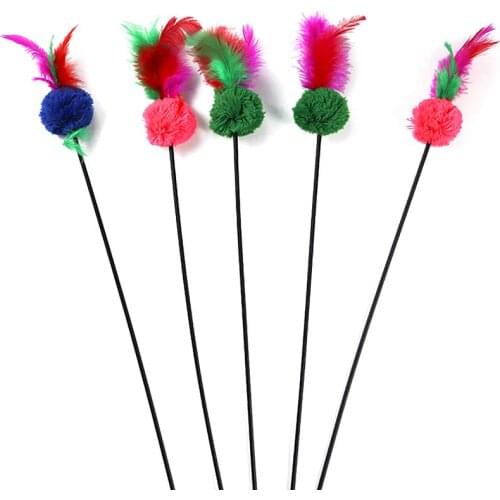 Cat Teaser Wand Woolen Ball Artificial Feather Cat Wand Toy Cat Feater Teaser Toy