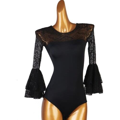 Latin Jumpauit Lace Sleeve Modern Dance One Piece Top Round Neck Latin Dance Top Ballroom Dance Ballroom DanceTop Flared sleeves