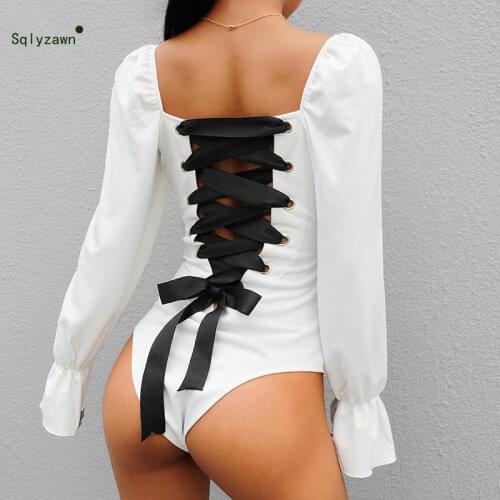 Women Sexy Lolita Long Puff Sleeve Bandage Lace Up Thong Bodysuit Fashion Fall White Blue Black Ladies Overall Streetwear Romper
