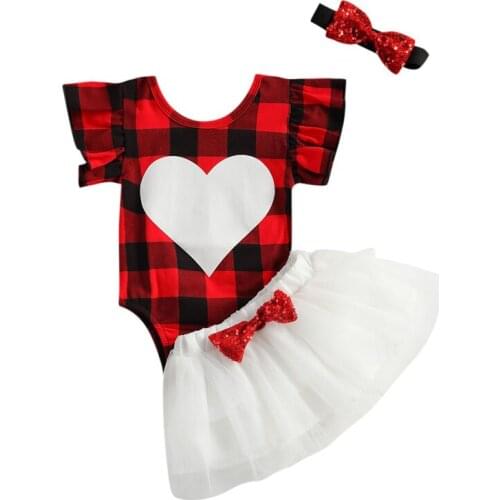 Lioraitiin 0-24M Baby Girl’s Valentine Outfits Three Piece Suit Fresh Plaid Heart Romper Sequin Bow Gauze Skirt with Headband