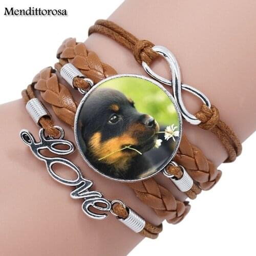 Mendittorosa Cute Pet Dogs Labrador Bulldog Poodle Glass Cabochon Multilayer Black/Brown Leather Bracelet Bangle For Women