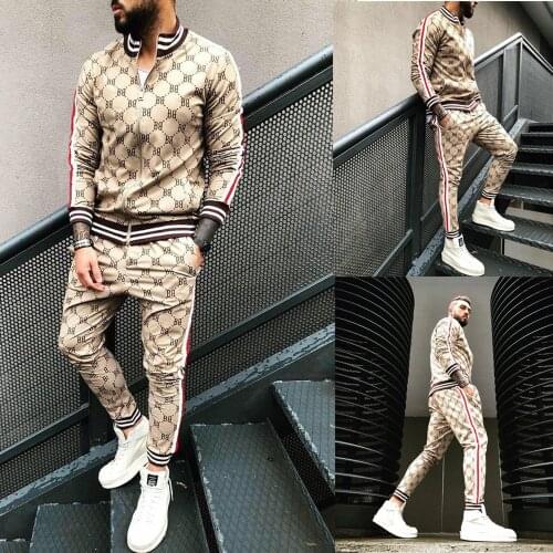 Men Stripe Suit European Us Trend 3d Printed Set Fashion Zip Jacket+sweatpants Slim Casual Fitness Sportswear 2021