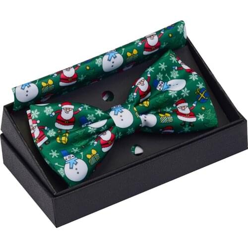 Ricnais New Fashion Christmas Bowtie Pocket Square Set Snowmen Tree Print Silk Hanky Bow Tie For Men Party Ties With Box Gifts