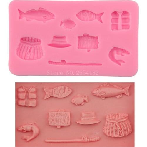 Fisherman Fishing Tool shape Silicone Fondant Soap 3D Cake Mold Cupcake Jelly Candy Chocolate Decoration Baking Moulds FQ2959